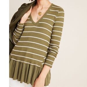 Anthropologie Eri + Ali Tallie Striped Thermal Peplum Top, Waffle Knit, Olive
